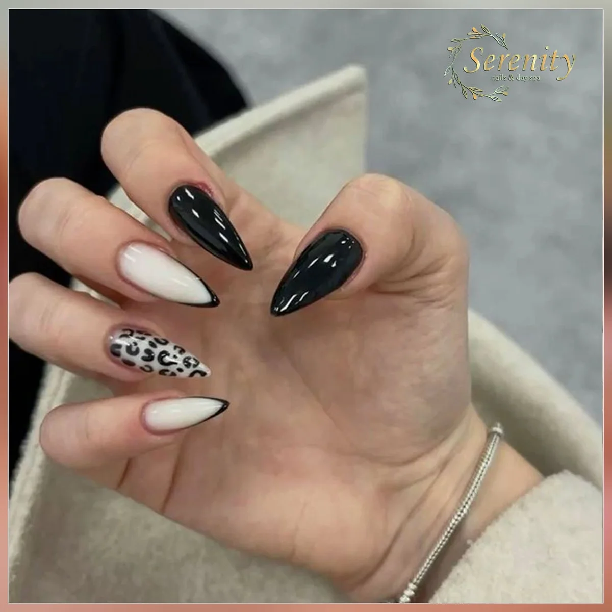 Forest green nails with cream and animal-print accents, from Serenity